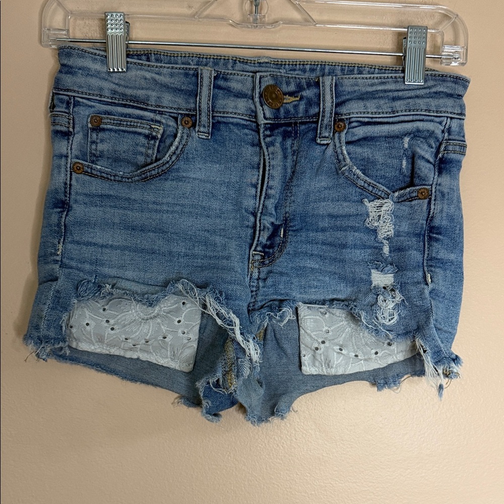 American Eagle Outfitters Light Blue Distressed Denim Shorts with Eyelet Panels